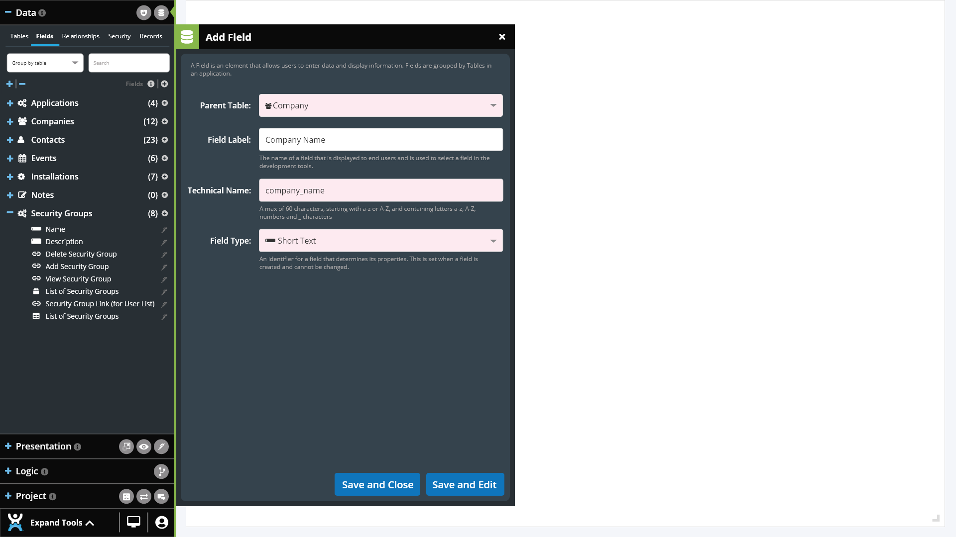 Screenshot of how to add a new short text field without code using the CitizenDeveloper platform tools