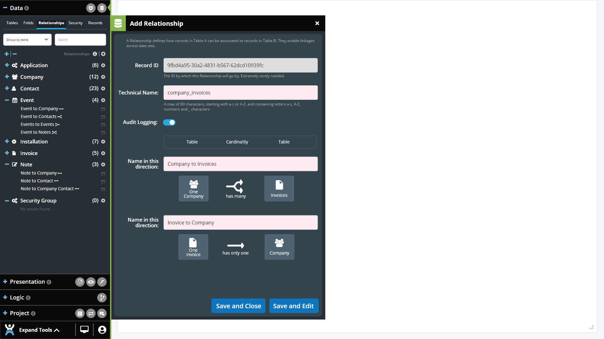 Screenshot of how to add a new database relationship without code using the CitizenDeveloper platform tools