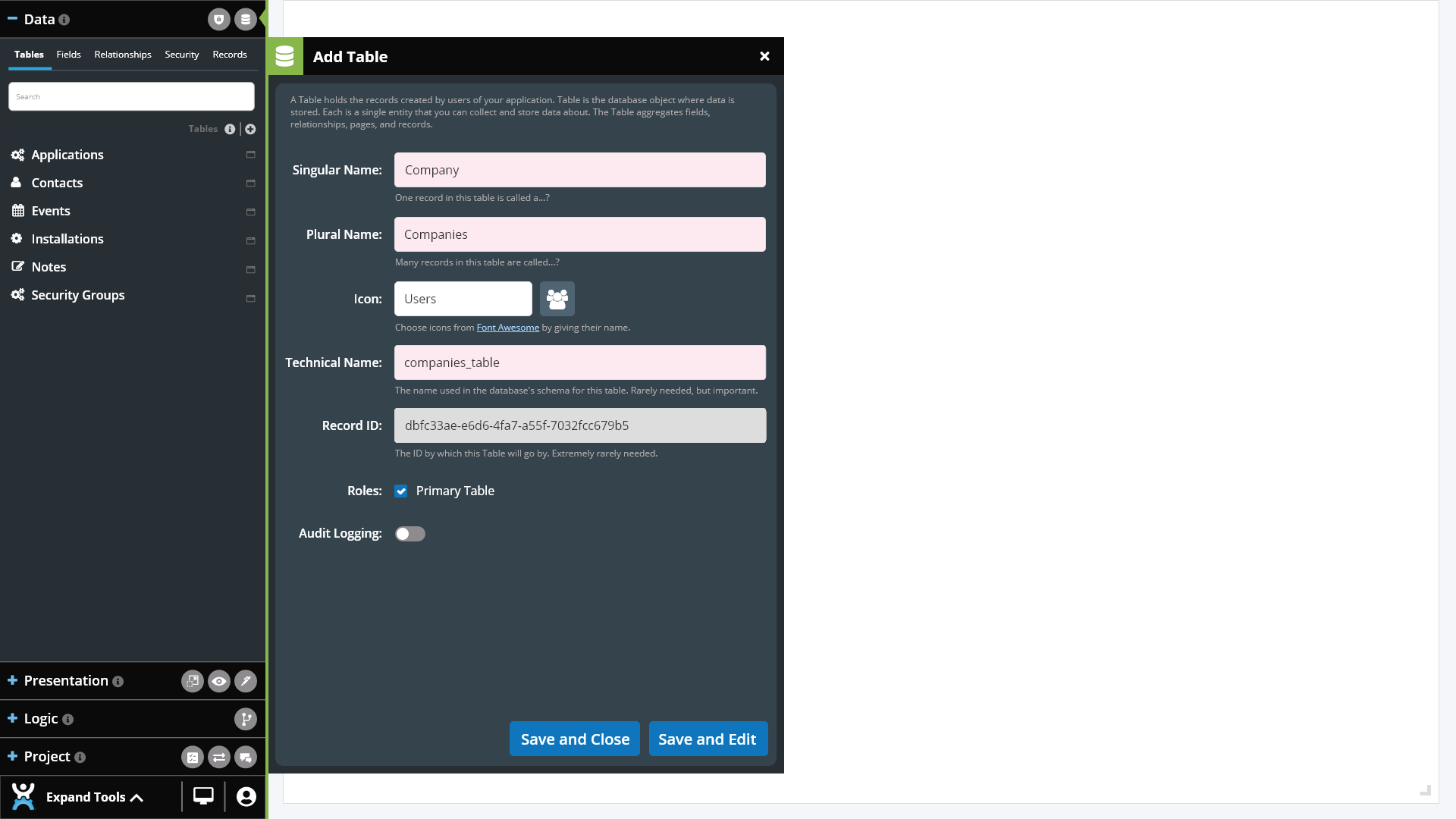 Screenshot of how to add a new database table without code using the CitizenDeveloper platform tools