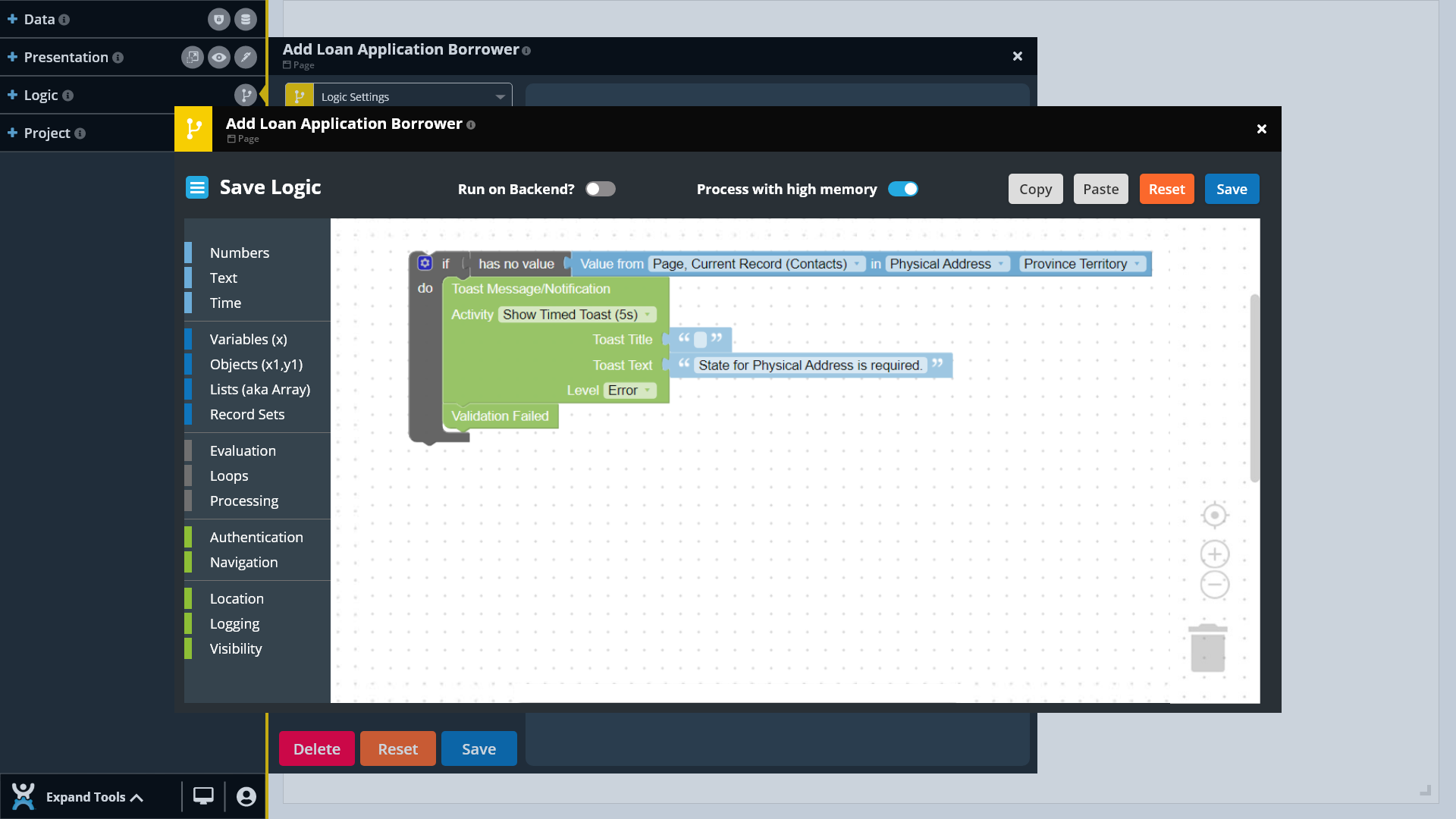 Screenshot of how to build a required workflow logic without code using the CitizenDeveloper platform tools