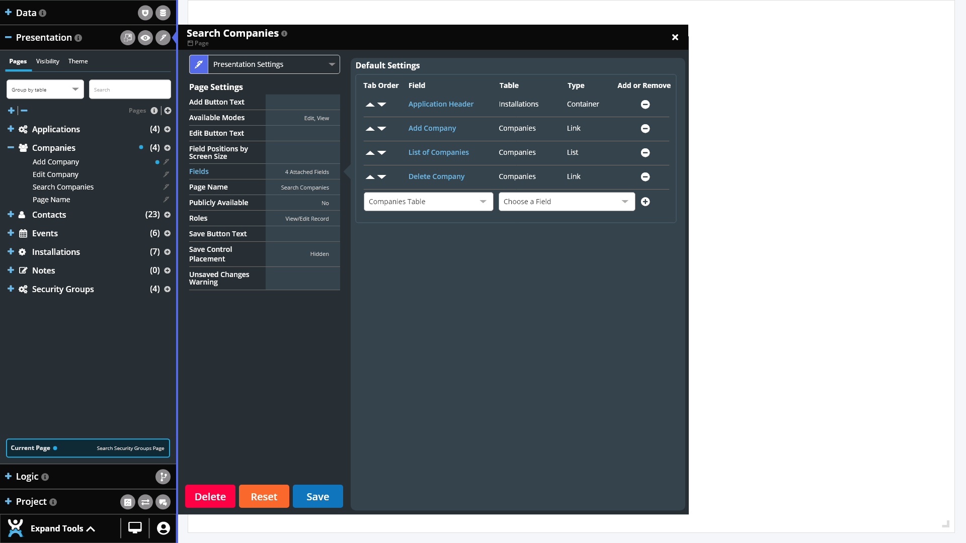 Screenshot of how to add columns to a Search Companies list without code using the CitizenDeveloper platform tools