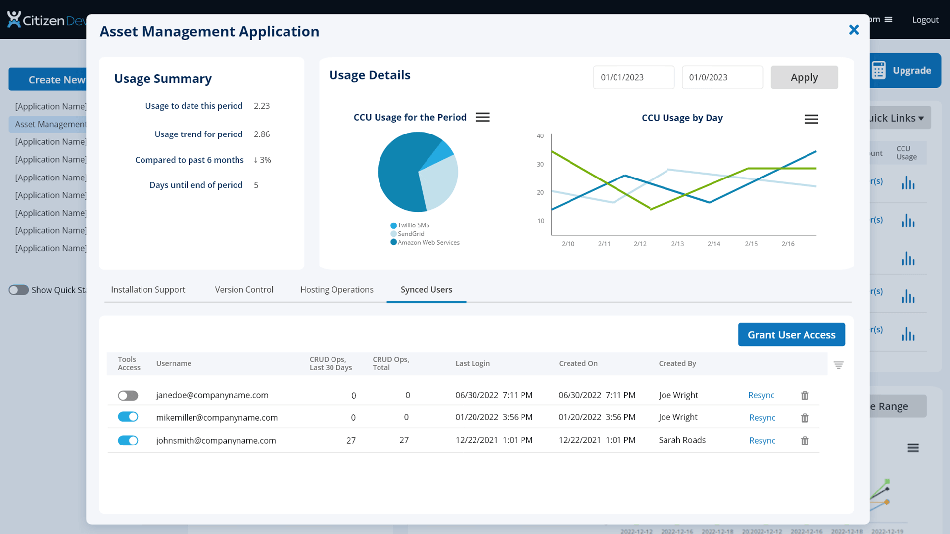 Screenshot of managing your application Installation with tools like Support, Developer Counts, Discussion Counts, CRUD Operations Reporting, Backup Management, and Backup History, without code on the CitizenDeveloper full-stack platform