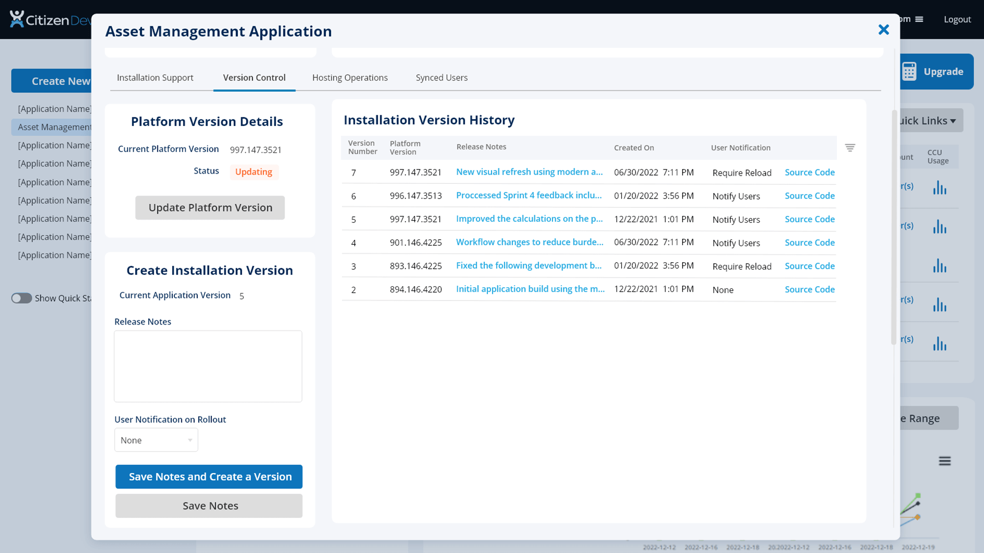 Screenshot of how to manage your application Version Control using tools like Platform Version Details, Create Installation Versions, Installation Version History, without on the CitizenDeveloper full-stack platform