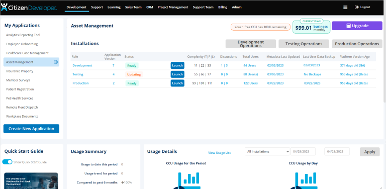 Screenshot of managing your application Installation with tools like Support, Developer Counts, Discussion Counts, CRUD Operations Reporting, Backup Management, and Backup History, without code on the CitizenDeveloper platform.
