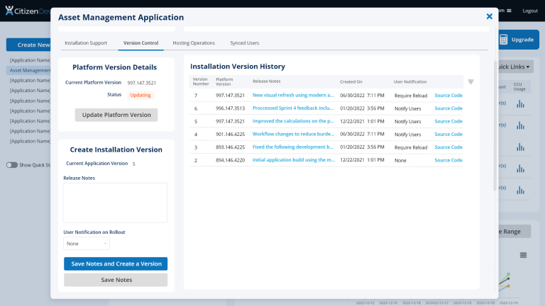 Screenshot of how to manage your application Version Control using tools like Platform Version Details, Create Installation Versions, Installation Version History, without on the CitizenDeveloper platform.